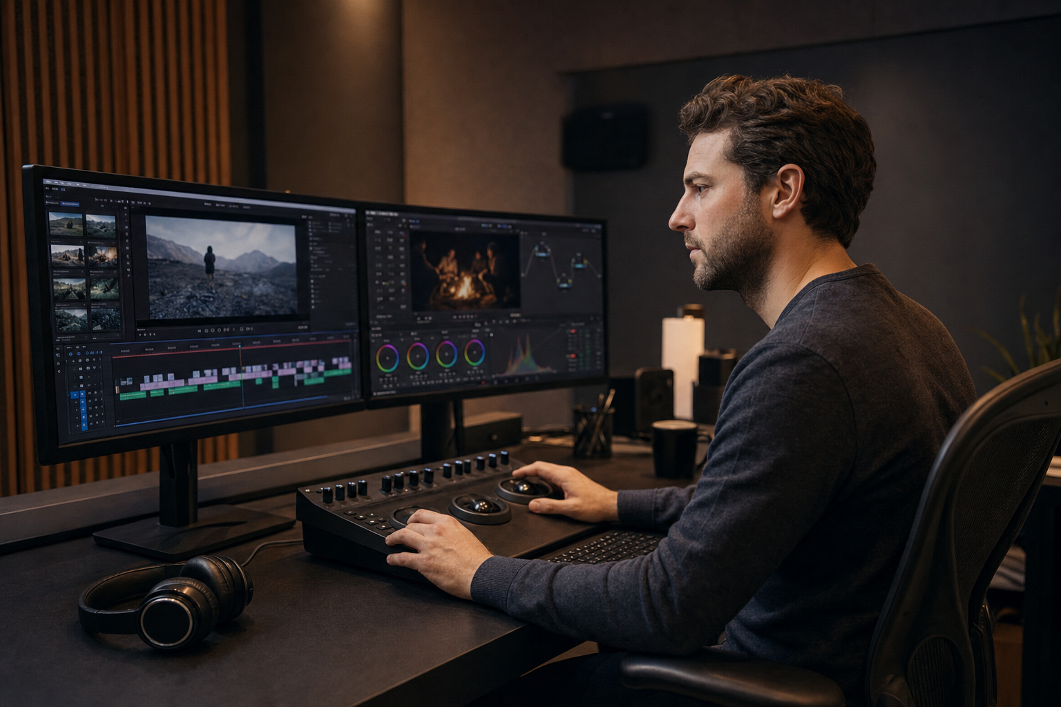 Thomas Bertrand au poste de montage, étalonnage d'une vidéo sur écran calibré