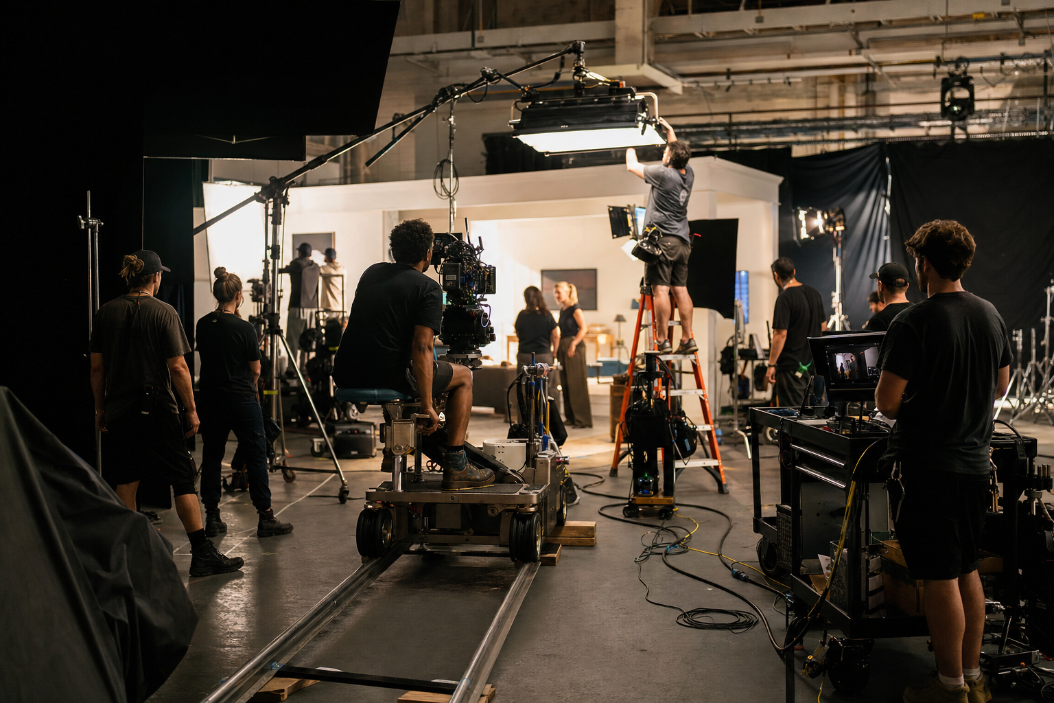 Vue large d'un plateau de tournage avec équipe, caméra sur travelling et projecteurs