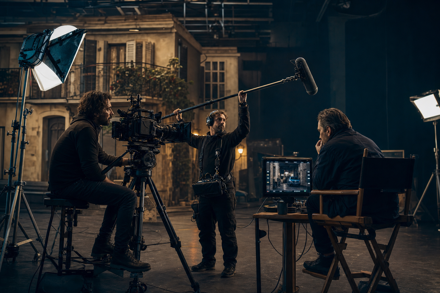 Équipe de tournage professionnelle sur un plateau de production vidéo à Pau, caméra et éclairage en action