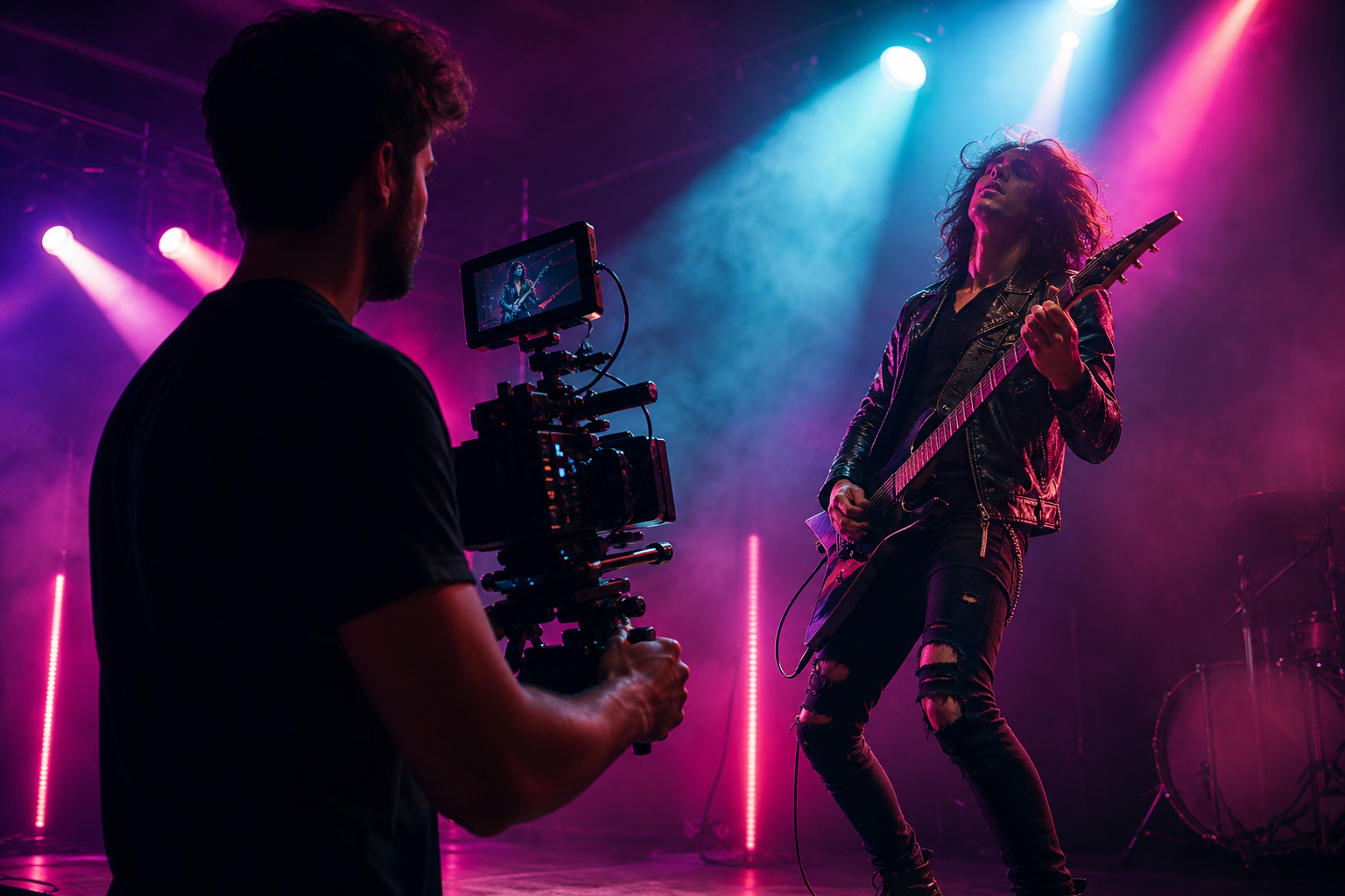 Tournage d'un clip musical avec éclairages scéniques colorés