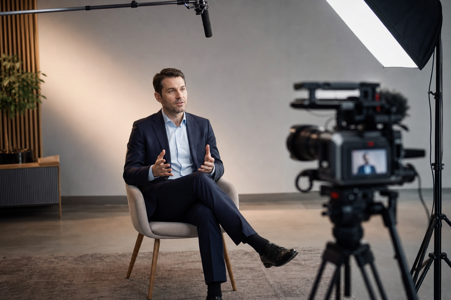 Tournage d'une vidéo corporate en studio avec éclairage professionnel et interview
