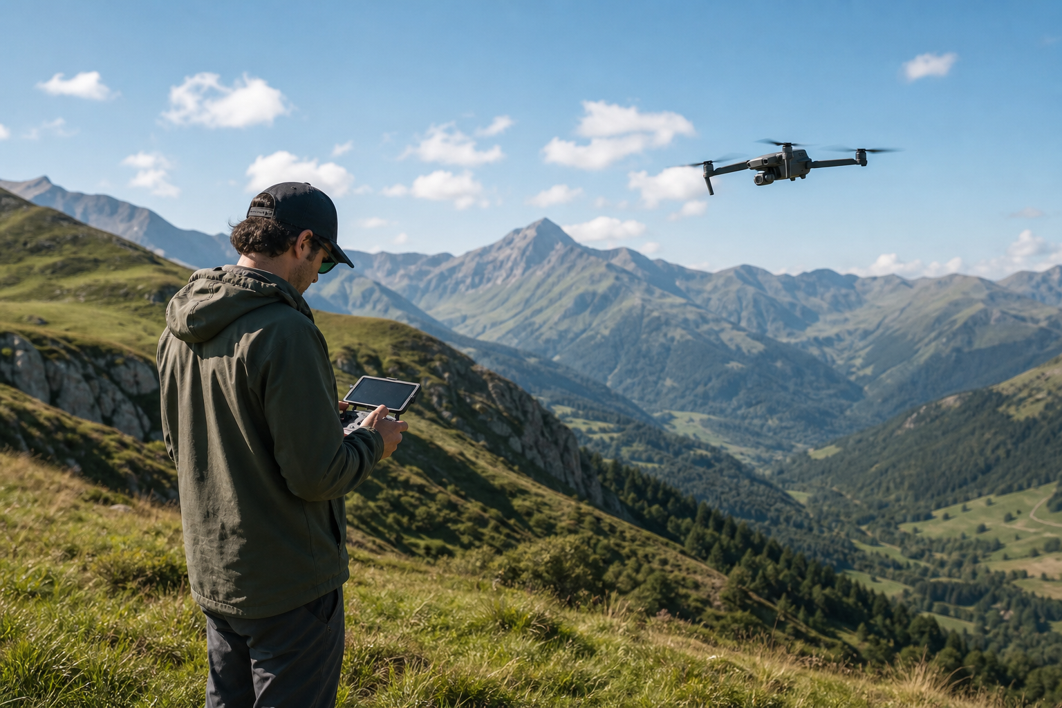 Opérateur pilotant un drone pour un tournage aérien au-dessus des Pyrénées