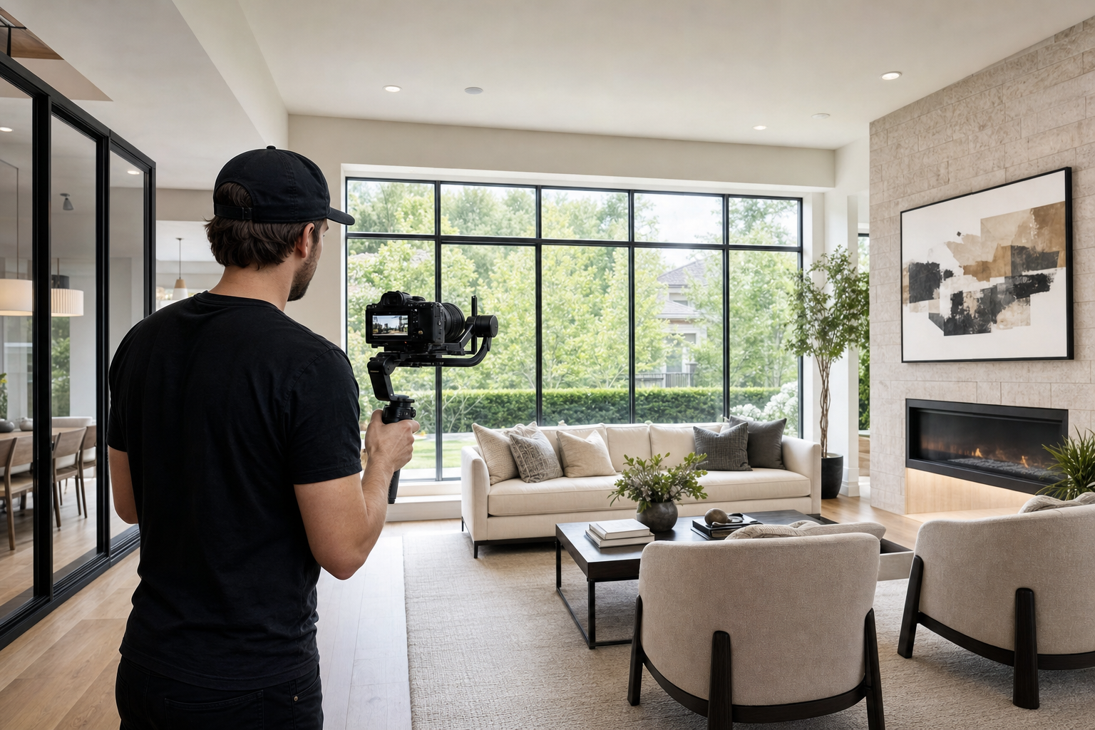 Caméraman avec stabilisateur filmant un intérieur immobilier lumineux
