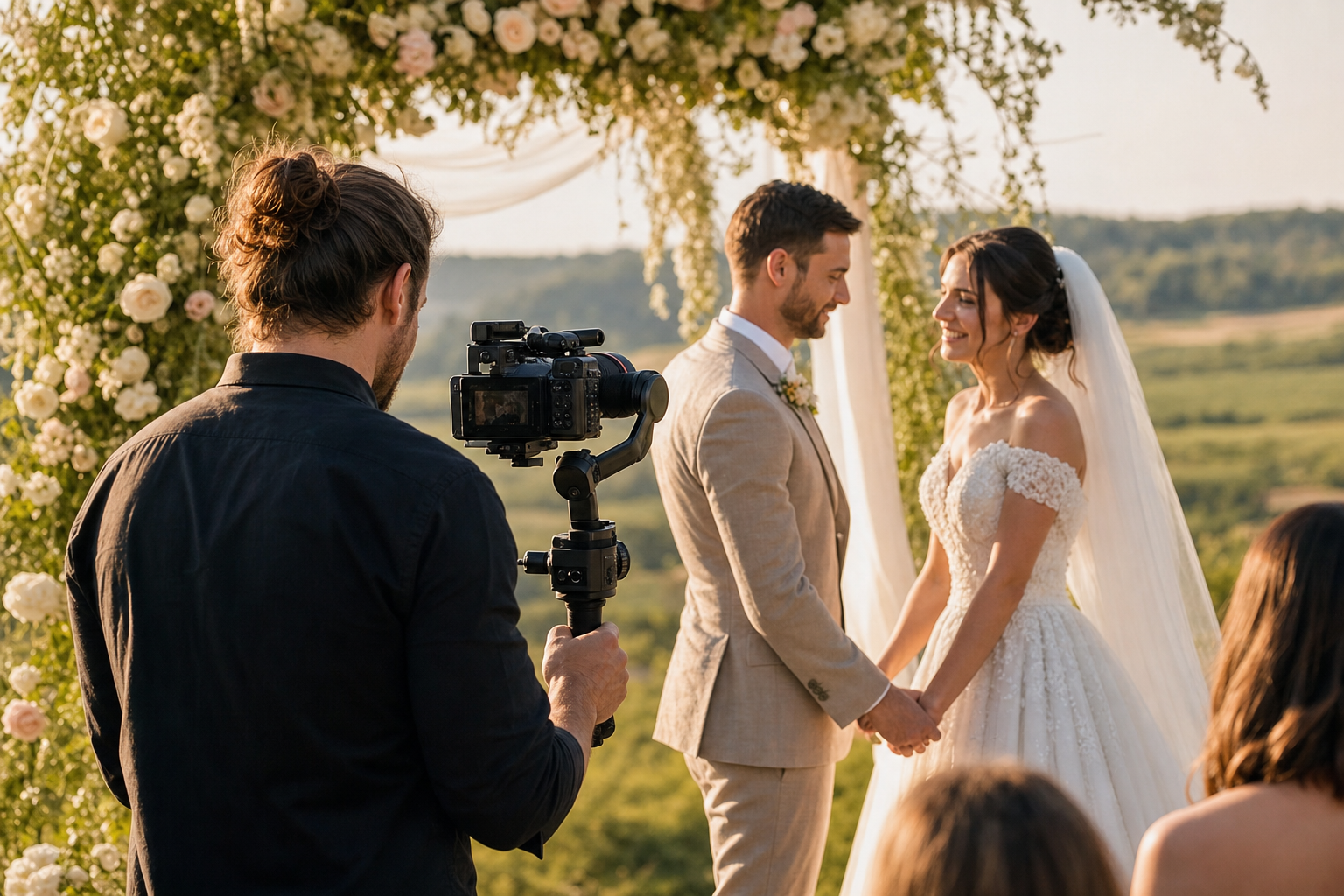 Vidéaste filmant une cérémonie de mariage en lumière naturelle